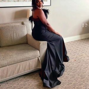 Block floor length gown with feather top